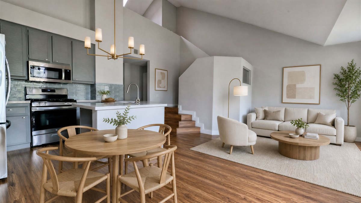 Great room, virtually staged